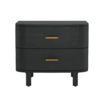 Modern minimalist black nightstand with two drawers and wood handles beside a bed in a contemporary bedroom