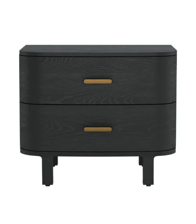 Modern minimalist black nightstand with two drawers and wood handles beside a bed in a contemporary bedroom
