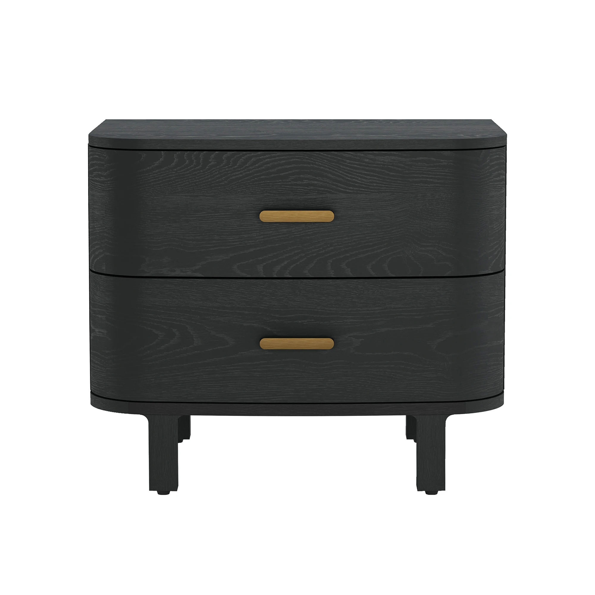 H6a9bc5fa33204f63b67b8f1e6148c312d.webp Modern minimalist black nightstand with two drawers and wood handles beside a bed in a contemporary bedroom