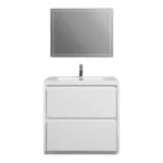 Close-up of the glossy white MFC cabinet doors with soft-close hinges, showing the smooth finish and modern handle