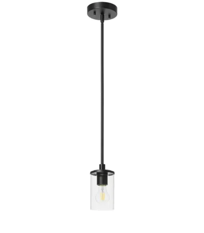 Single pendant light with clear glass shade and matte black iron frame, hanging over a dining table.