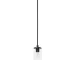 Single pendant light with clear glass shade and matte black iron frame, hanging over a dining table.