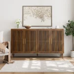 63 Inch Walnut Sideboard Buffet Cabinet With Storage ,Grille-Striped 4 Doors Sideboard - Image 7