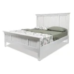 Goldoma white carved geometric distressed solid wood king bed frame in bedroom