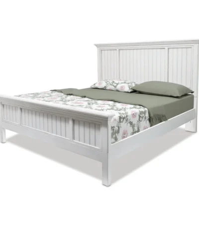 Goldoma white carved geometric distressed solid wood king bed frame in bedroom