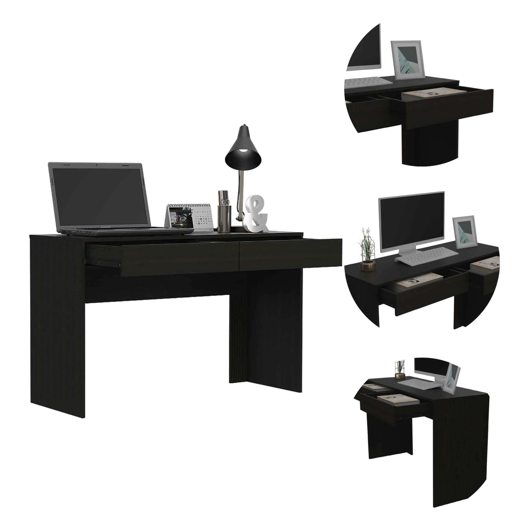 HMS 47" Simple Design Black Computer Desk Two Drawers Portable PC Desk for Home Office Living Room Featuring Storage Features