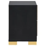 Jeremiah Black modern nightstand with drawers in glossy black finish and gold accents