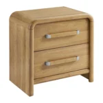 Modern wooden nightstand with two drawers featuring solid wood veneer and plywood frame, perfect for bedroom storage
