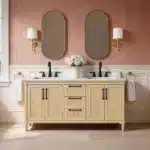 Close-up of the 48-inch single sink washstand showing its plywood construction and soft-close drawers.