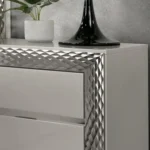Modern gray nightstand with felt lined top drawer and silver molding plinth base - Goldoma bedroom furniture