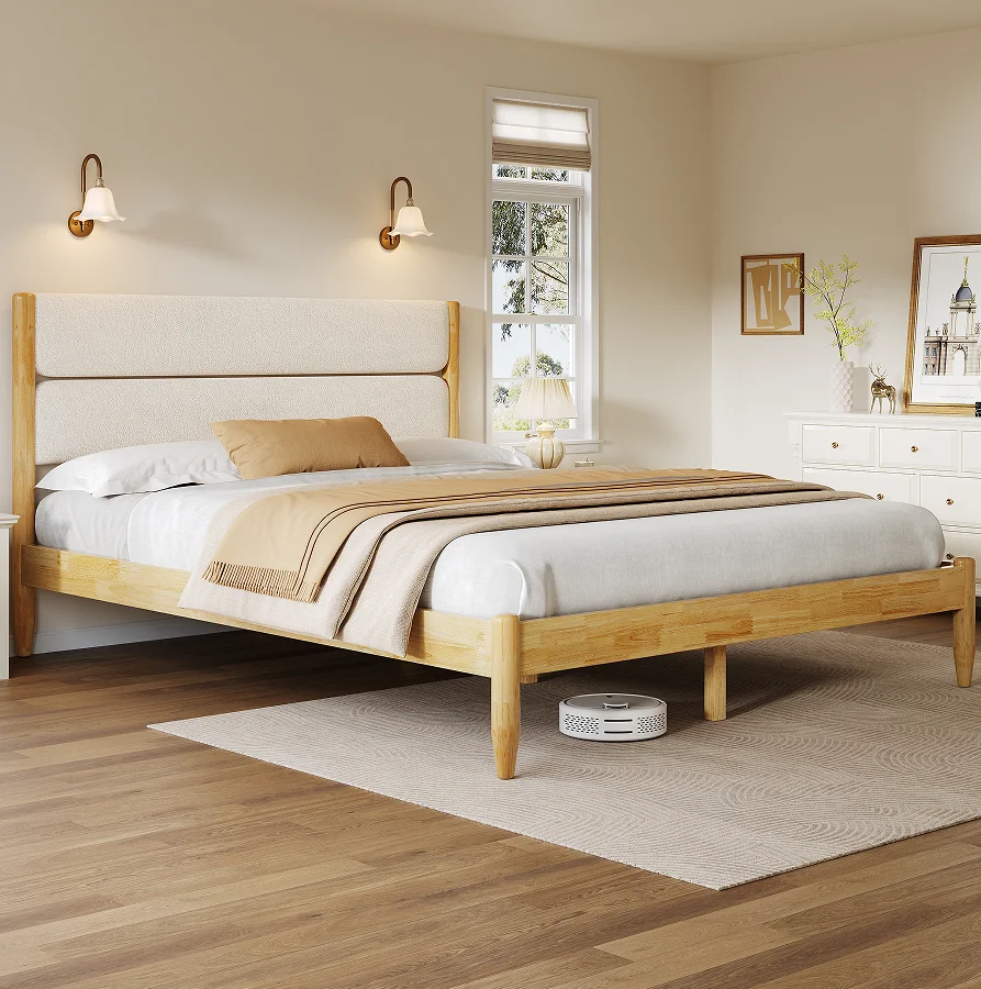 H6c45f1cfad7e44bb88e1b07eea176d1dH.webp Adjustable queen bed frame with fleece upholstered headboard and solid wood construction in modern bedroom setting