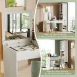 Modern Vanity Desk with Mirror and Charging Station, Computer Desk with Drawers, Cabinets and Open Shelves – close-up detail
