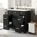 Black 36-inch European style bathroom vanity with single sink top, shaker soft-closing door, and three drawers, shown