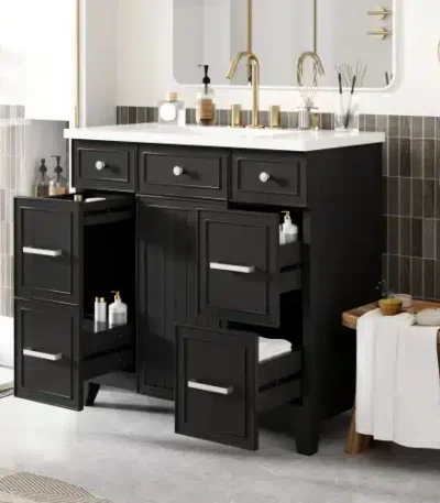 Black 36-inch European style bathroom vanity with single sink top, shaker soft-closing door, and three drawers, shown