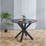 42 inch round dining table with mirrored glass top in matte black finish by Goldoma