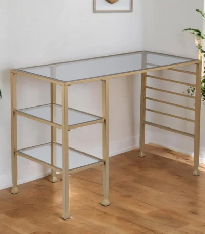 HMS 43 Extendable Modern Writing Desk with Clear and Gold Glass Wood and Metal Material