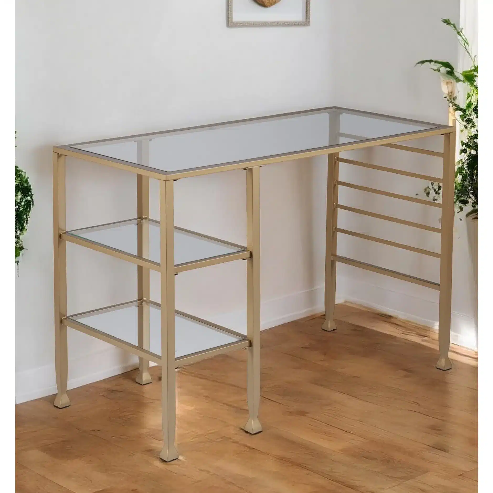 HMS 43 Extendable Modern Writing Desk with Clear and Gold Glass Wood and Metal Material HMS 43 Extendable Modern Writing Desk with Clear and Gold Glass Wood and Metal Material