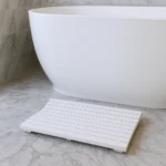 23" Luxury White Teak Slat Bath Mat Non-Slip TPR Microfiber and PVC Solid Pattern Bathroom Floor Mat