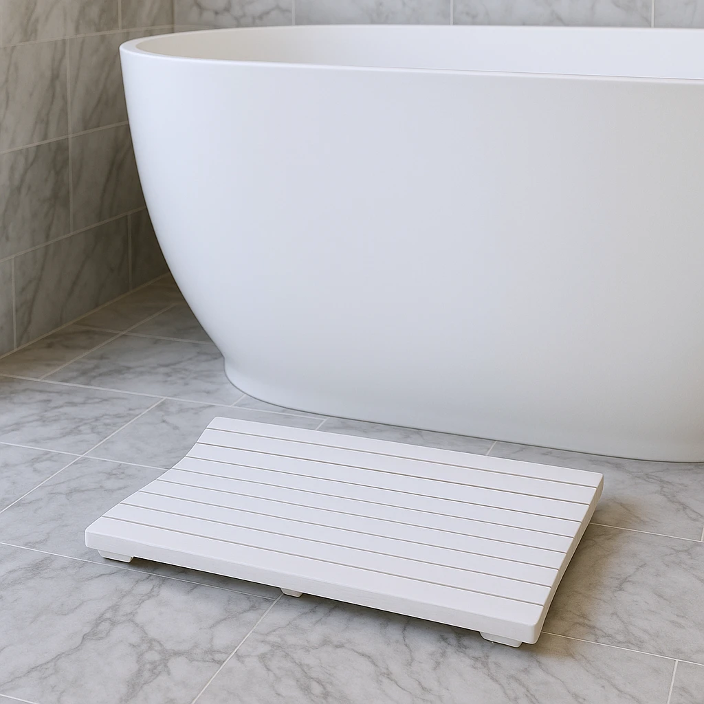 23" Luxury White Teak Slat Bath Mat Non-Slip TPR Microfiber and PVC Solid Pattern Bathroom Floor Mat 23" Luxury White Teak Slat Bath Mat Non-Slip TPR Microfiber and PVC Solid Pattern Bathroom Floor Mat