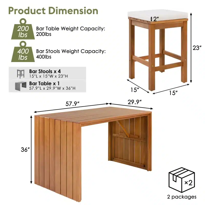 5-Piece Outdoor Bar Set with Acacia Wood Table and Cushioned Stools