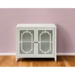 Black sideboard with glass doors in a modern dining room featuring antique solid wood finish