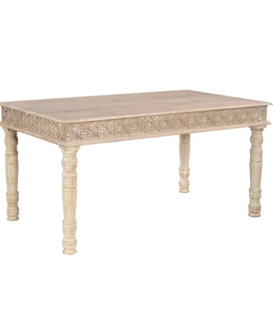 Goldoma 60 inch white solid wood dining table with distressed finish in a modern farmhouse dining room