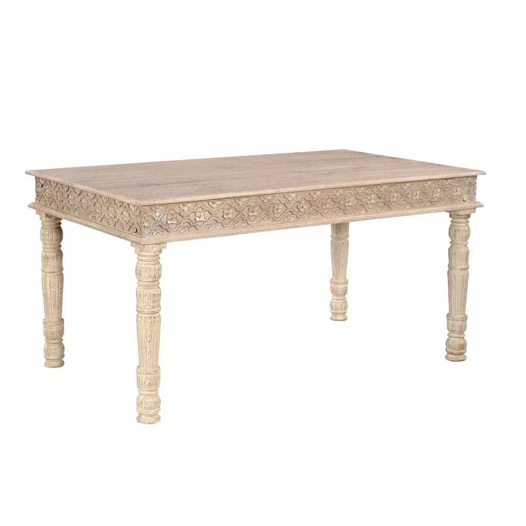 H6cc3d8d7cb41478e9038cbdf0e95f7a83.webp Goldoma 60 inch white solid wood dining table with distressed finish in a modern farmhouse dining room