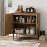 Walnut Wood Multifunctional Buffet Cabinet with Line Groove Design for Home Bar or Home Accent Storage Sideboard Cabinet - Image 5