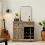 Farmhouse Wood Sideboard Buffet Cabinet with 2 Drawers & Wine Bar Removable Wine Racks Storage Shelves
