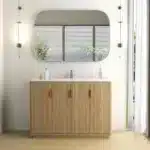 Natural wood 48 inch freestanding bathroom vanity with 4 doors, modern floor standing cabinet, front view