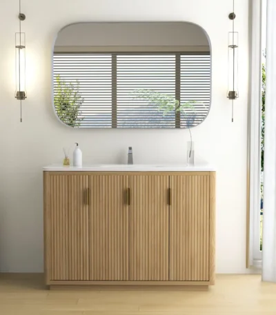 Natural wood 48 inch freestanding bathroom vanity with 4 doors, modern floor standing cabinet, front view