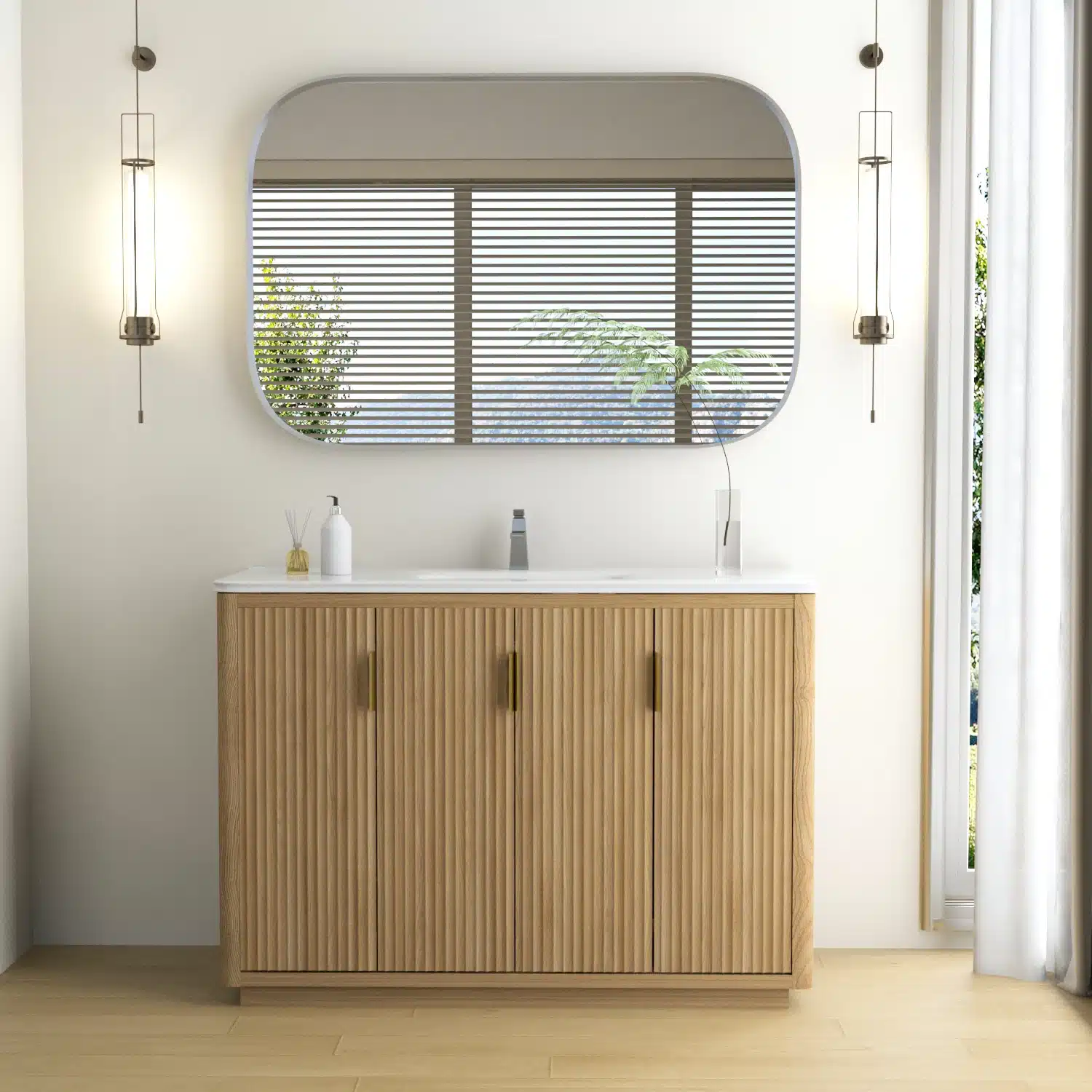 Natural wood 48 inch freestanding bathroom vanity with 4 doors, modern floor standing cabinet, front view