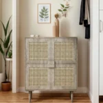 4-Doors Wabi-Sabi Style MDF Rattan Mesh Storage Cabinet Eight Storage Spaces Sideboard for Entryway Living Room Hallway (Grey) - Image 2