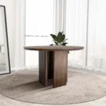 Modern Alden round solid wood dining table in walnut finish - eco-friendly and durable for dining room or kitchen