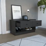 Black Wengue storage bench with drawers and lower shelf in an entryway