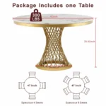 47-inch round marble dining table with stainless steel base in a modern luxury dining room setting