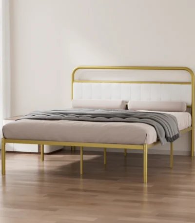 Goldoma Queen Platform Bed Frame with beige upholstered headboard and gold metal frame