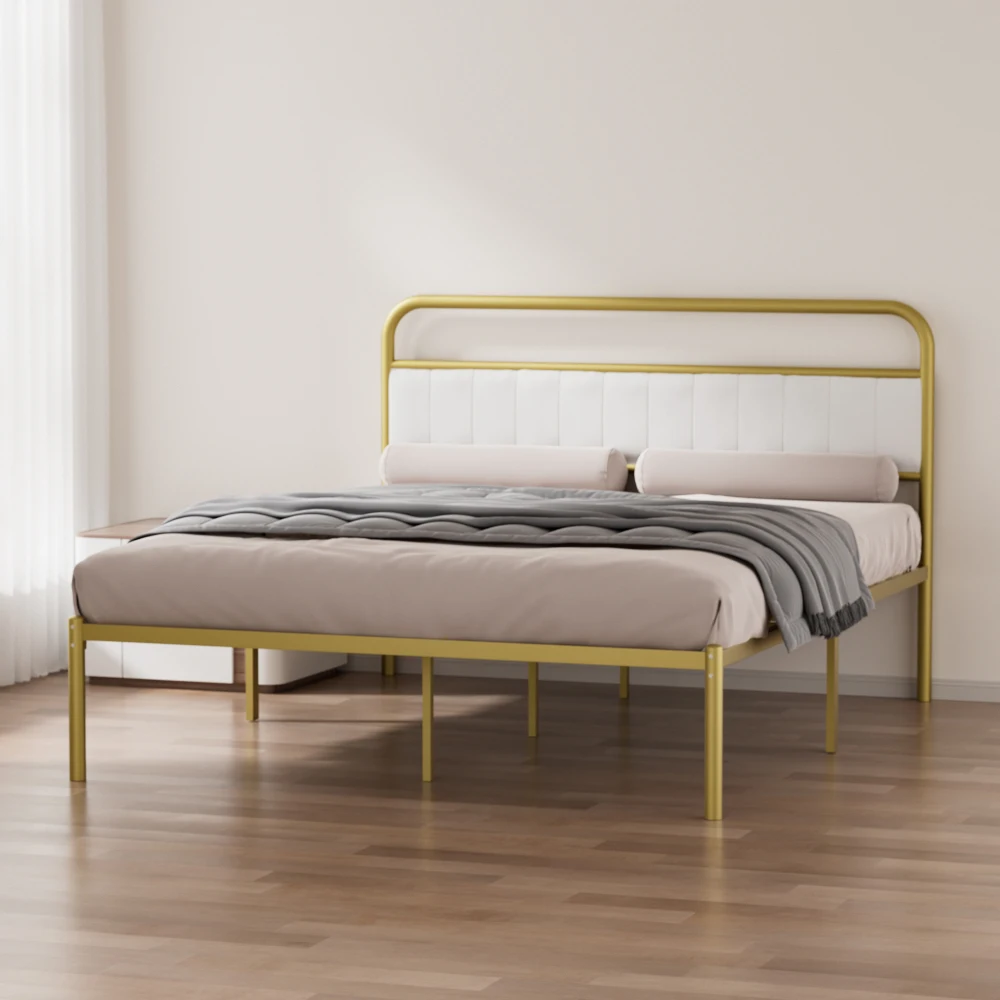 H6d8efde7bb28470890ece23d33d994b1h.webp Goldoma Queen Platform Bed Frame with beige upholstered headboard and gold metal frame