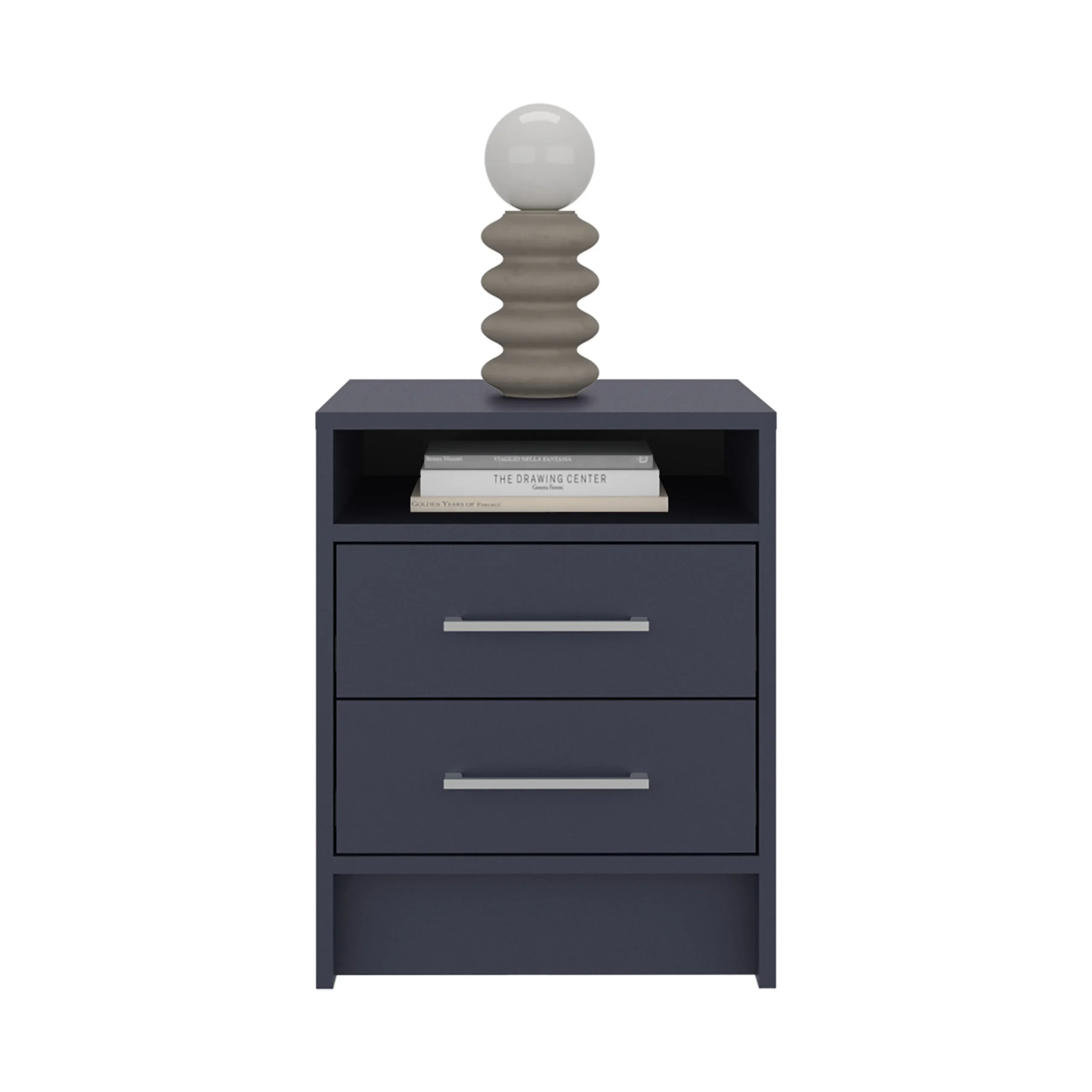 Navy blue two drawer nightstand with open shelf in modern bedroom