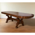Dark brown solid wood free-form double pedestal dining table 46 inch by Goldoma