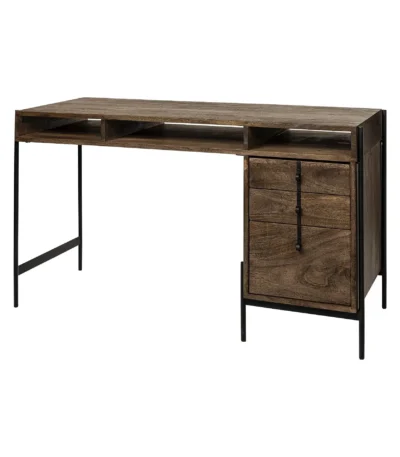 HMS Modern Melamine Wood Writing Desk Medium Brown 3 Drawers and 3 Open Shelves Versatile Office or Bedroom Furniture