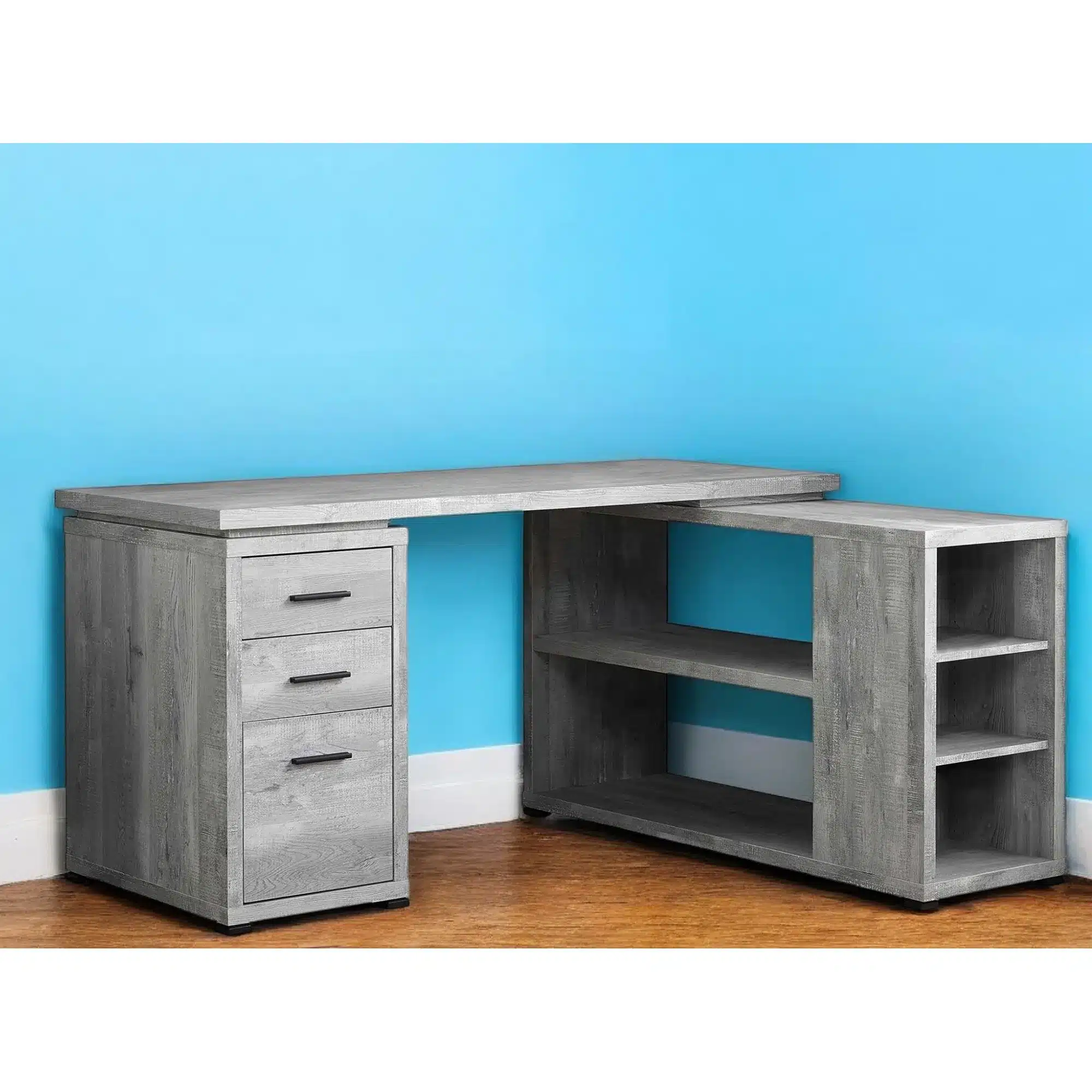 HMS 47" Gray L-Shaped Computer Desk with Three Drawers and Bookshelf Simple Design PC Gaming Desk for Bedroom Folding Feature