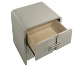 Modern 2-drawer nightstand beige with textured metal handles next to bed