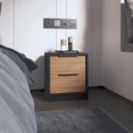 Wenge and pine nightstand – modern 2-drawer bedside storage cabinet in a bedroom setting