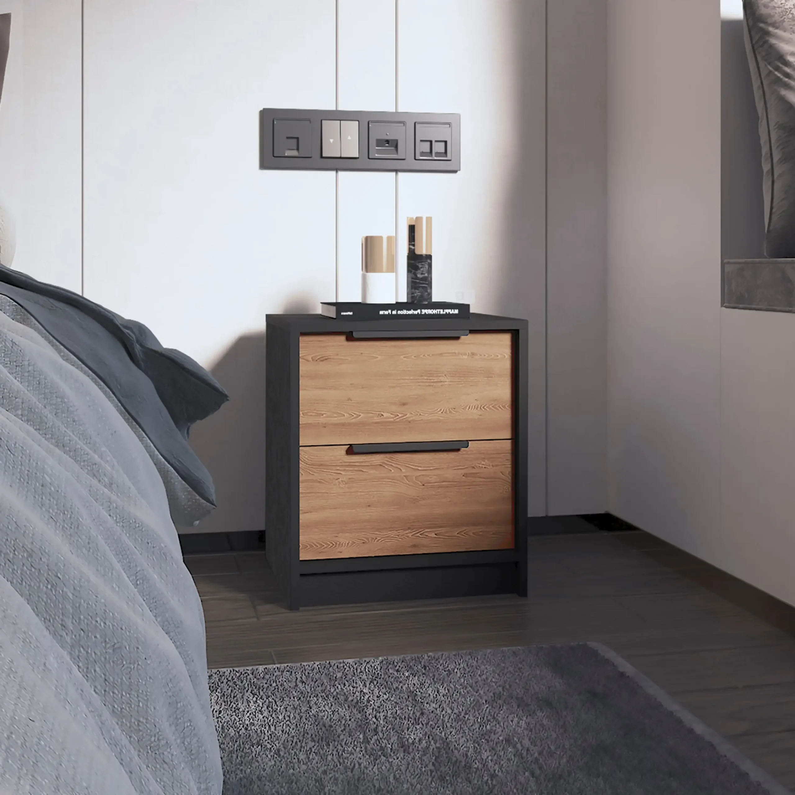 H6df2982f8da640c781827b20a3af8778O.webp Wenge and pine nightstand – modern 2-drawer bedside storage cabinet in a bedroom setting