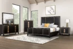 Goldoma Modern Adjustable Queen Bed with High Panel Headboard, Espresso Finish and Gold Trim – styled in a modern Living