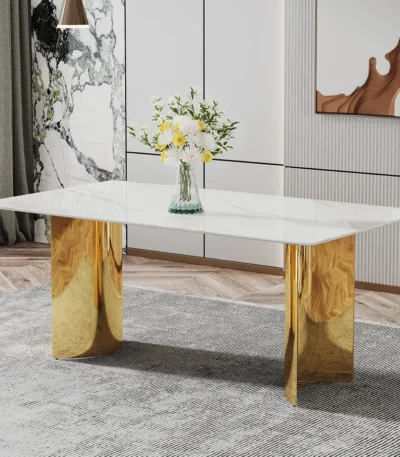 Modern square stone dining table with white marble glass top and gold metal legs in a contemporary dining room