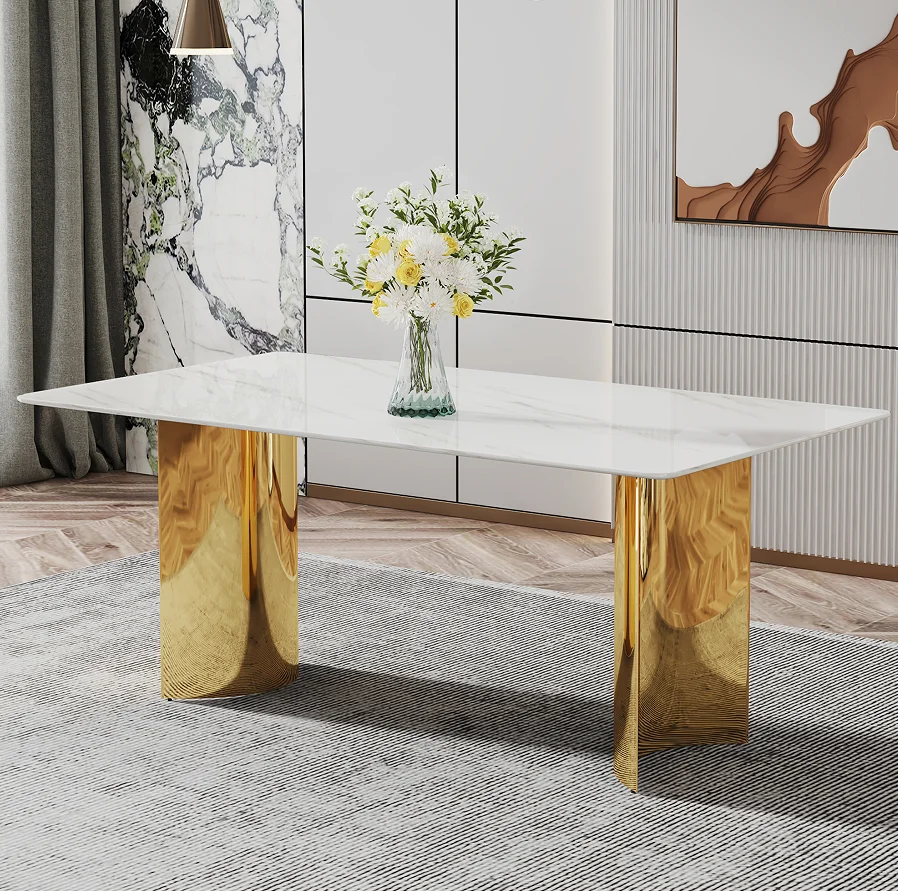 H6e48c56b878840e0a33a5333d72be319P.webp Modern square stone dining table with white marble glass top and gold metal legs in a contemporary dining room