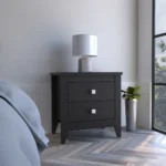 Goldoma Amara black nightstand with two drawers in a modern bedroom setting