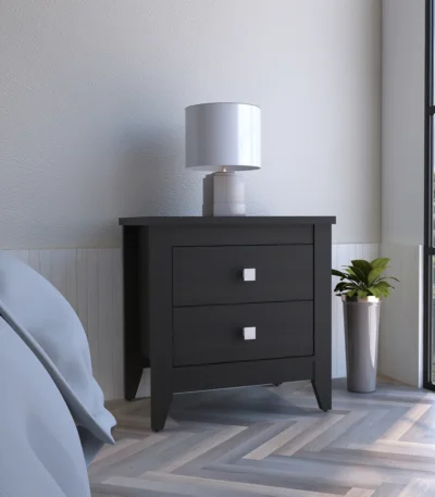 Goldoma Amara black nightstand with two drawers in a modern bedroom setting